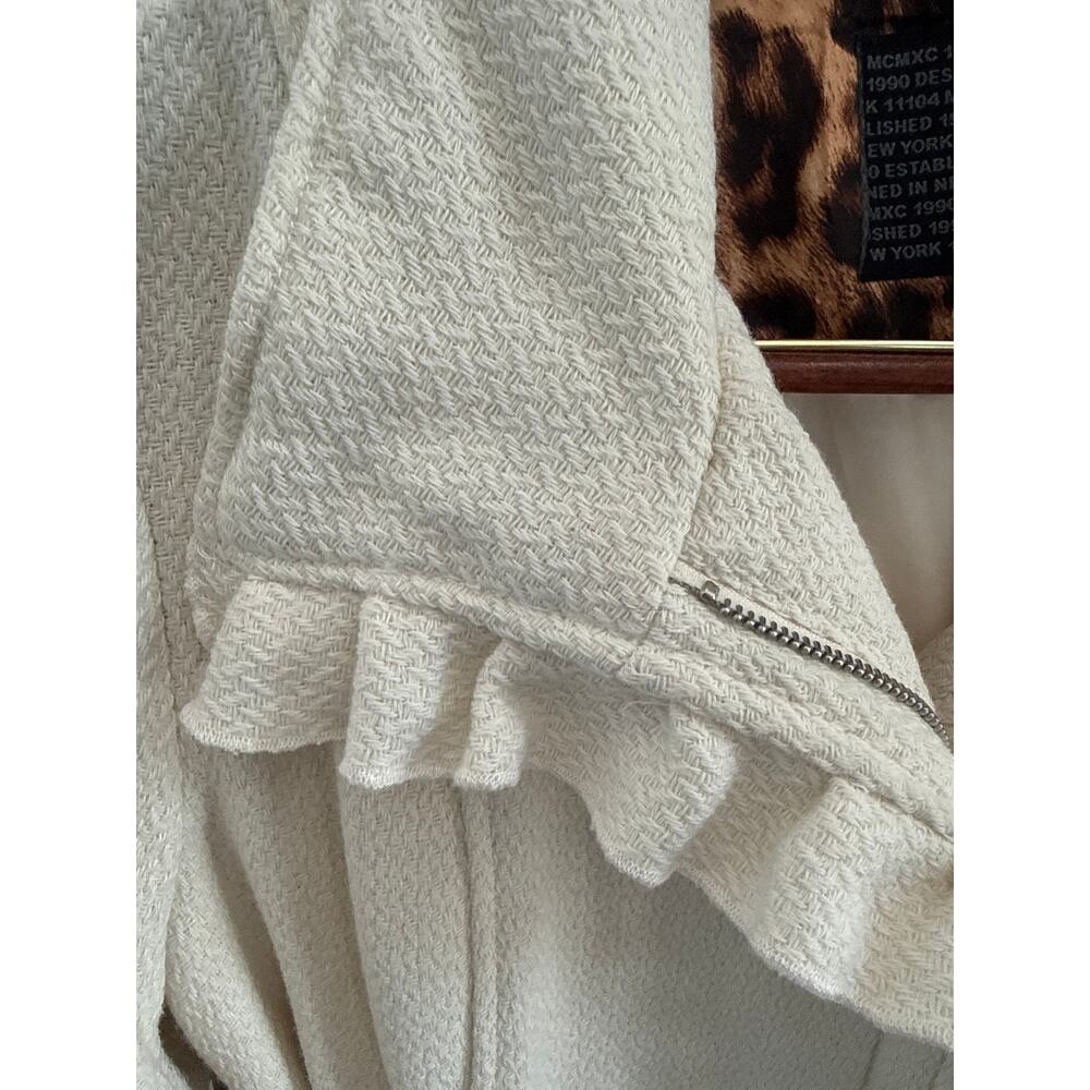 Steve Madded Women’s Cream Ruffle Collar Long Coat. Animal print and red piping - Picture 5 of 9